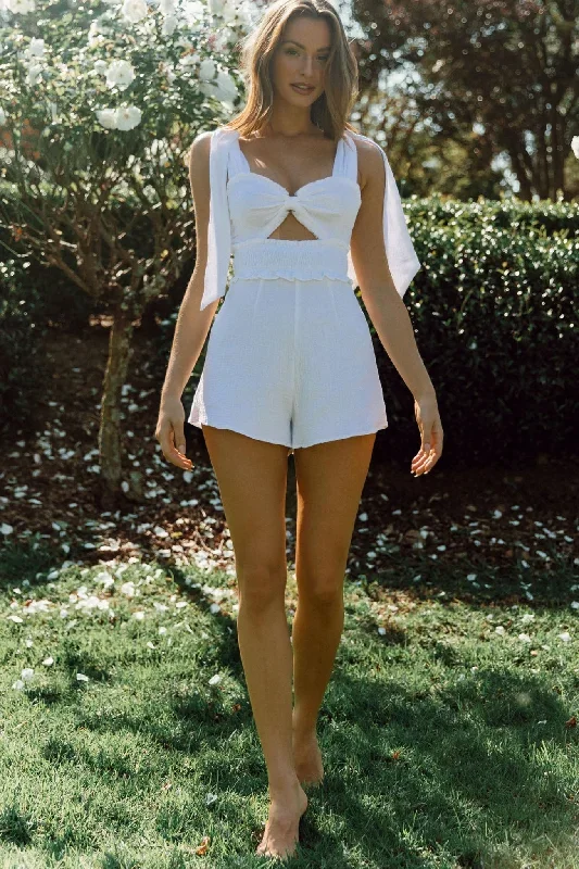 Break Of Dawn Bow Shoulder Shirred Waist Romper White