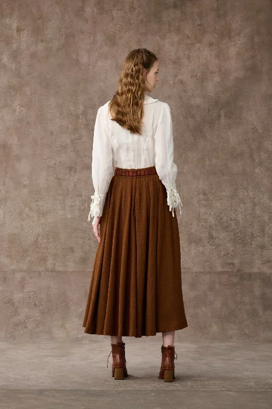 brown-wool-skirt-pleated-wool-skirt-winter-skirt-wool-circle-skirt-flared-skirt-a-line-skirt-handmade-skirts-linennaive