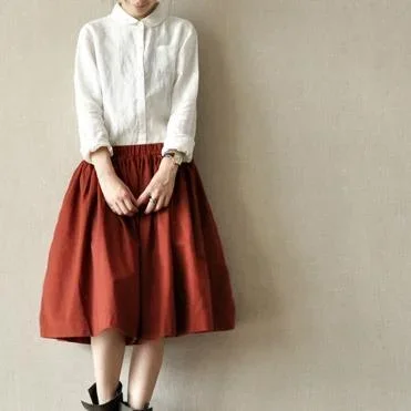 burgundy-cotton-skirts-elastic-waist-casual-pleated-skirts