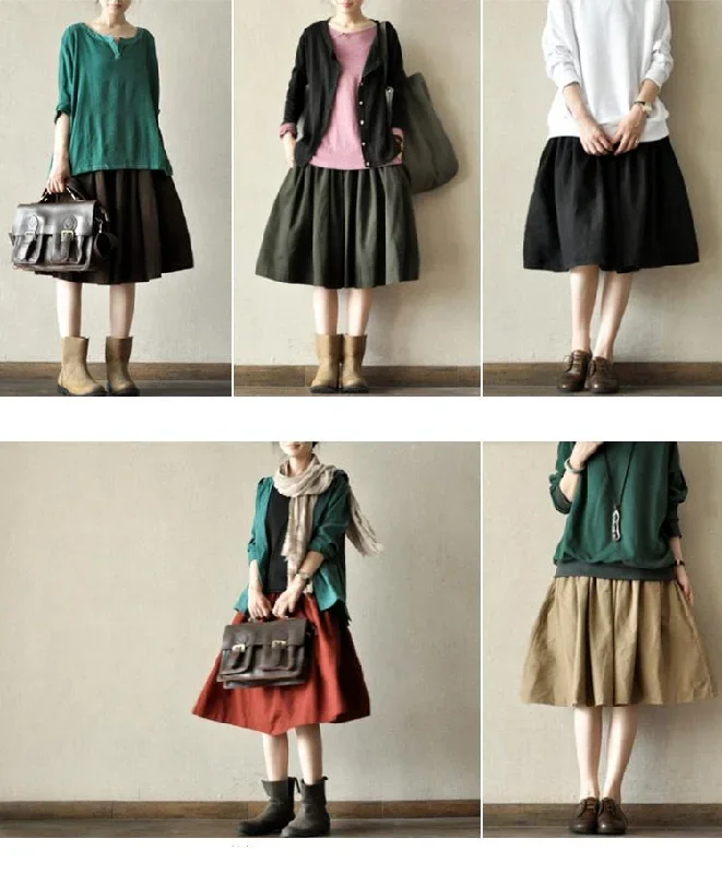 burgundy-cotton-skirts-elastic-waist-casual-pleated-skirts