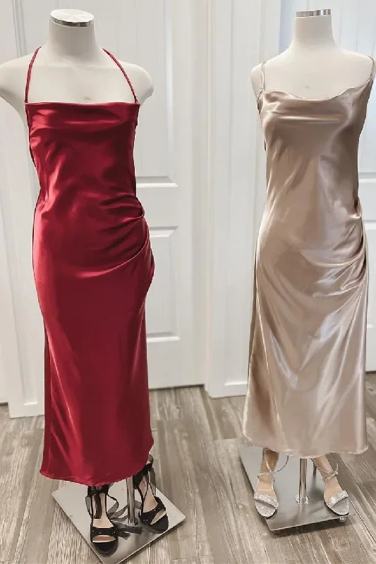 Burgundy Halter Cowl Neck Column Bridesmaid Dress