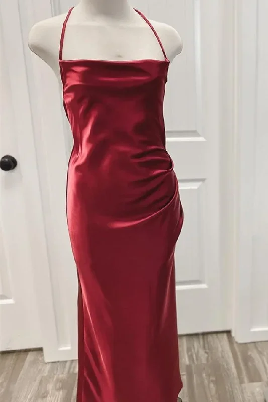 burgundy-halter-cowl-neck-column-bridesmaid-dress