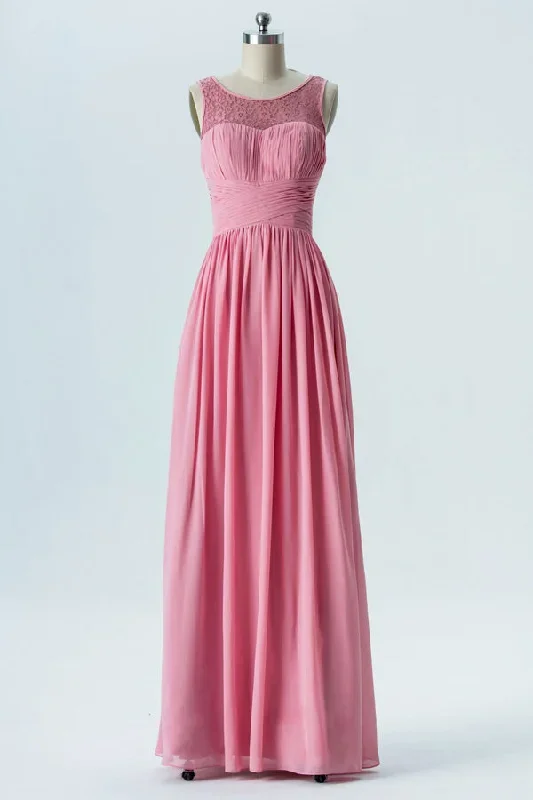 Candy Pink Crew Neck Chiffon Bridesmaid Dress