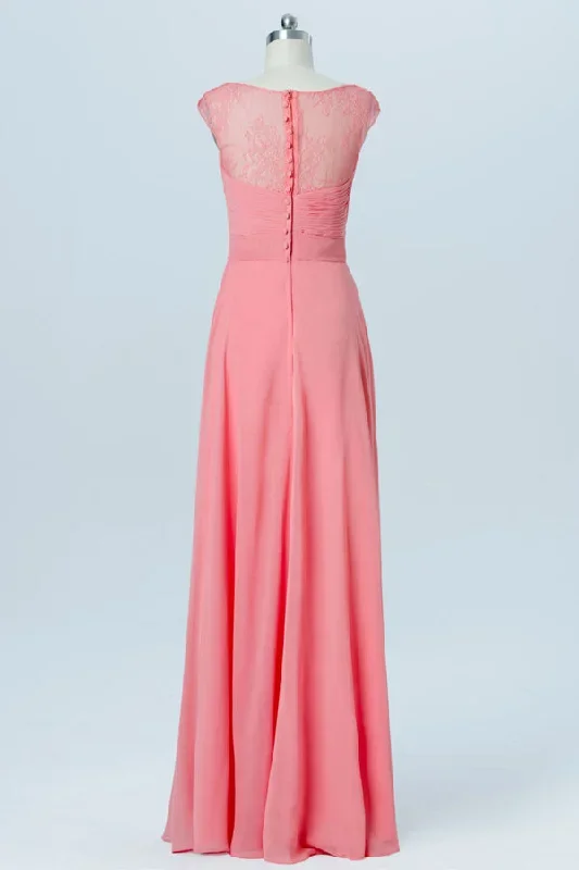 cap-sleeves-coral-long-bridesmaid-dress-with-lace-button-back