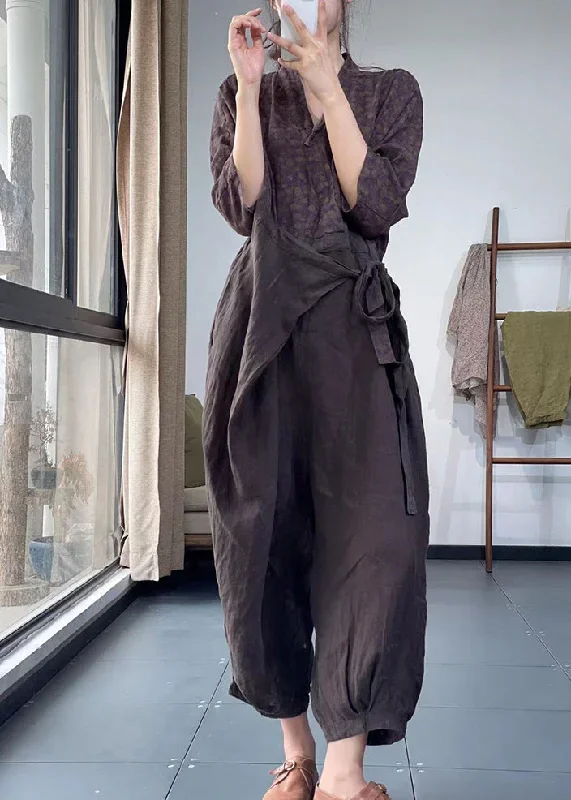 casual-coffee-purple-v-neck-print-lace-up-patchwork-cotton-jumpsuit-spring