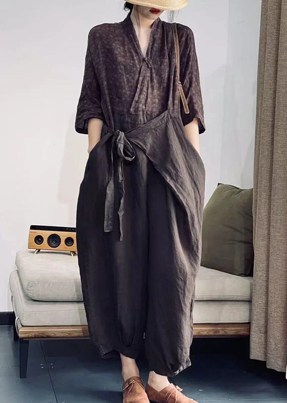 casual-coffee-purple-v-neck-print-lace-up-patchwork-cotton-jumpsuit-spring