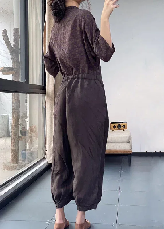 casual-coffee-purple-v-neck-print-lace-up-patchwork-cotton-jumpsuit-spring