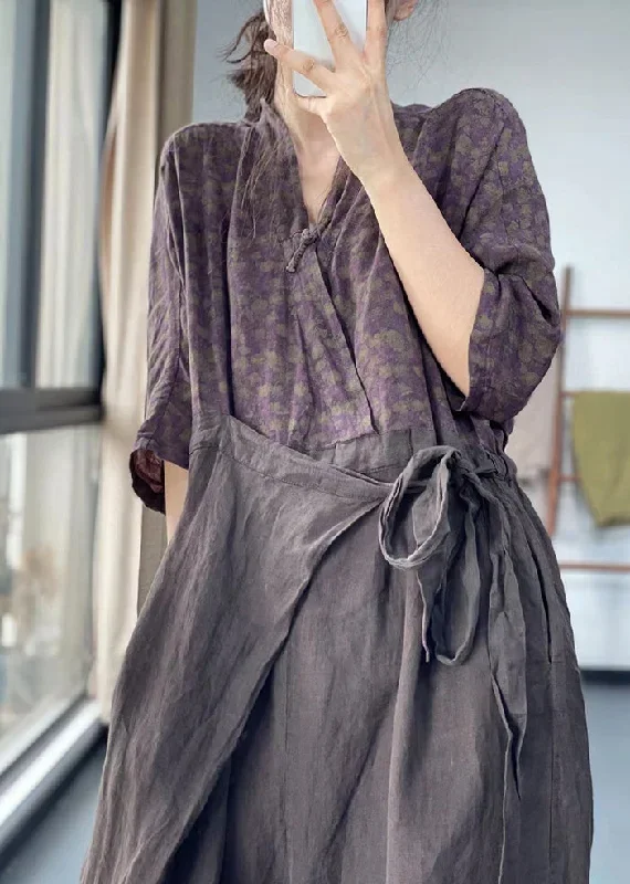 casual-coffee-purple-v-neck-print-lace-up-patchwork-cotton-jumpsuit-spring