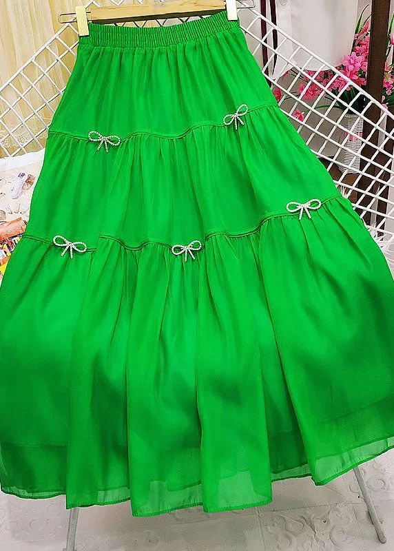 casual-green-wrinkled-patchwork-bow-zircon-tulle-skirt-summer