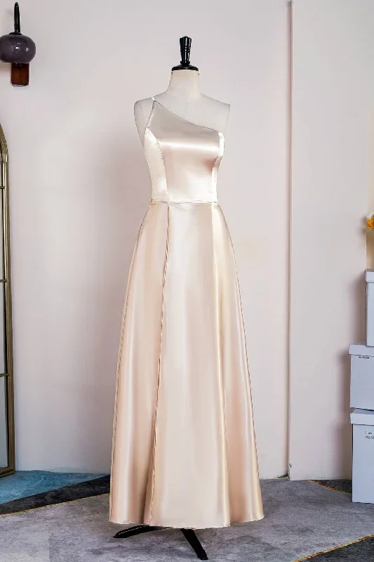 Champagne One Shoulder Satin Midi Bridesmaid Dress