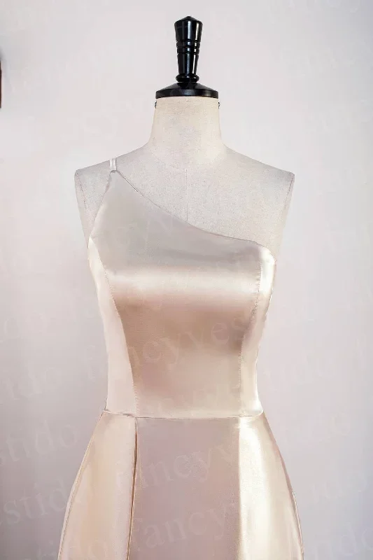 champagne-one-shoulder-satin-midi-bridesmaid-dress