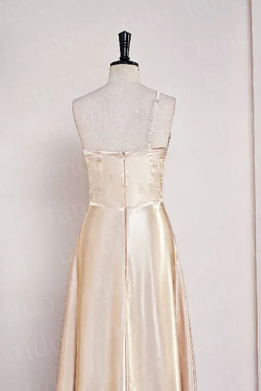 champagne-one-shoulder-satin-midi-bridesmaid-dress