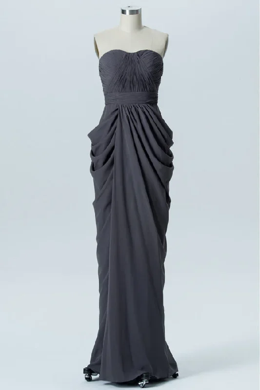 Charcoal Grey Chiffon Strapless Sheath Long Bridesmaid Dress