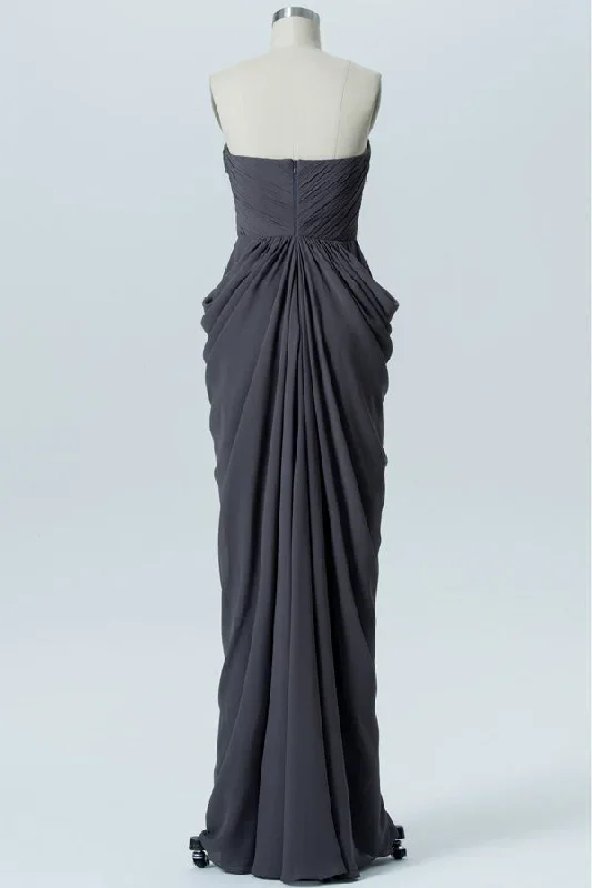 charcoal-grey-chiffon-strapless-sheath-long-bridesmaid-dress