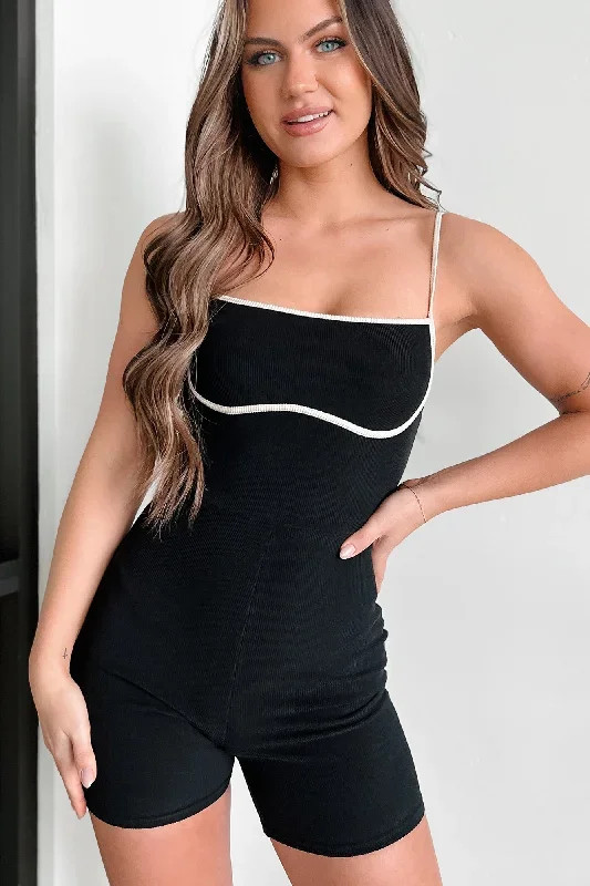 Chic Alternative Ribbed Contrast Seam Romper (Black/Cream)