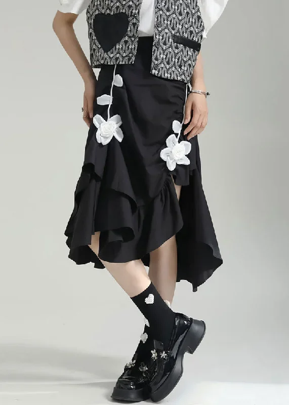 chic-black-wrinkled-asymmetrical-floral-patchwork-cotton-skirt-fall