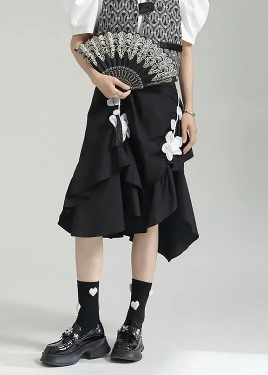 chic-black-wrinkled-asymmetrical-floral-patchwork-cotton-skirt-fall