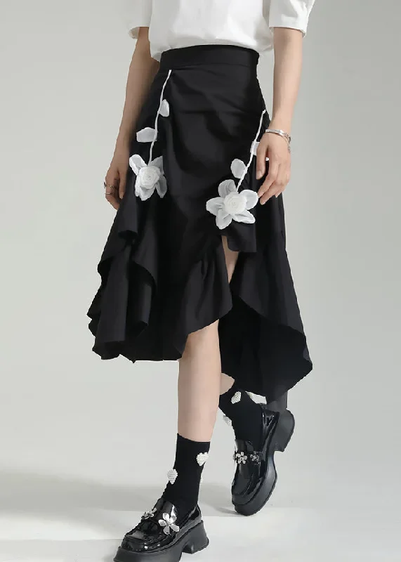 chic-black-wrinkled-asymmetrical-floral-patchwork-cotton-skirt-fall