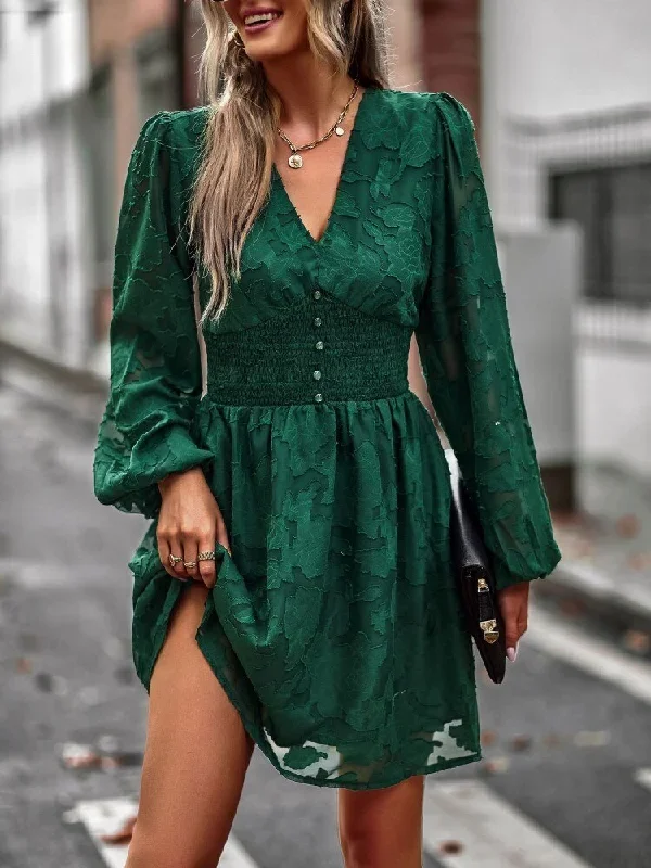 chic-hook-flower-hollow-green-mini-dress-for-women-elegant-v-neck-button-full-sleeve-vintage-dress-2023-new-women-party-dresses