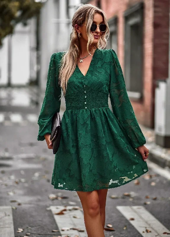 chic-hook-flower-hollow-green-mini-dress-for-women-elegant-v-neck-button-full-sleeve-vintage-dress-2023-new-women-party-dresses