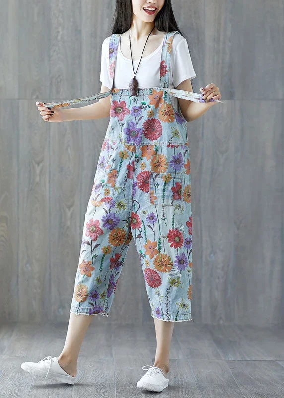 Classy light Blue pockets Floral Denim Jumpsuit