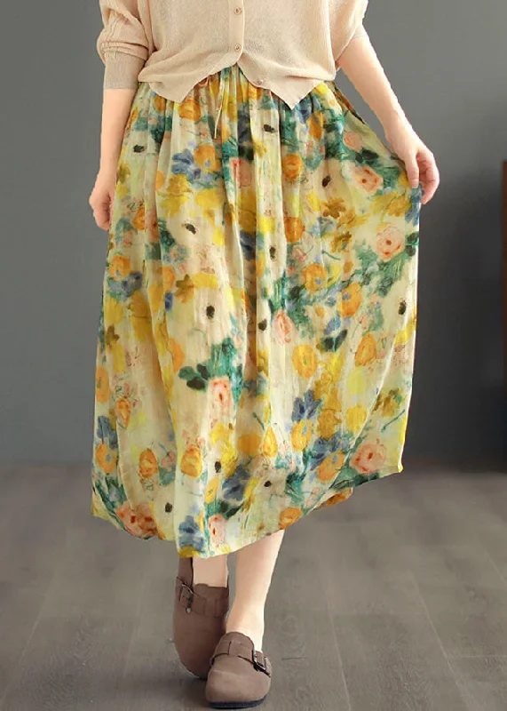 classy-yellow-drawstring-wrinkled-print-patchwork-linen-skirts-summer