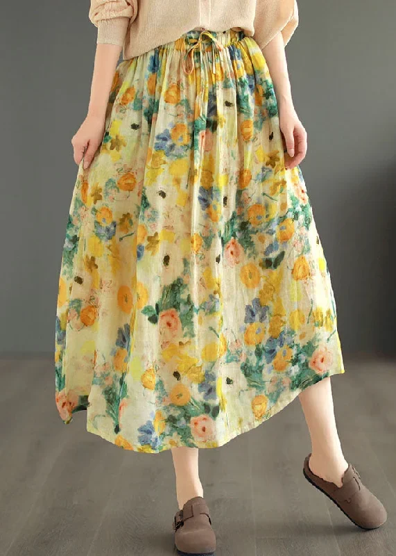 classy-yellow-drawstring-wrinkled-print-patchwork-linen-skirts-summer