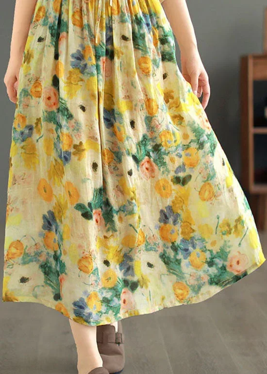 classy-yellow-drawstring-wrinkled-print-patchwork-linen-skirts-summer