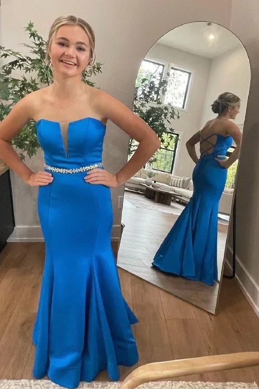 Cobalt Blue Strapless Belted Trumpet Long Prom Dress