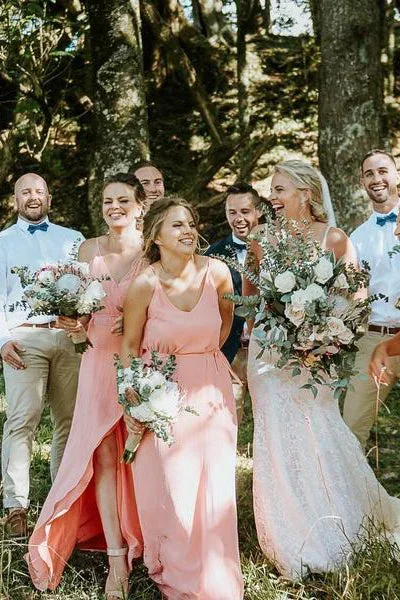 Spaghetti Straps Long Chiffon Blush Pink Bridesmaid Dress with Slit