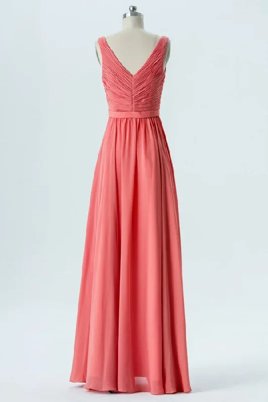 coral-pink-chiffon-sleeveless-ruffled-bridesmaid-dress