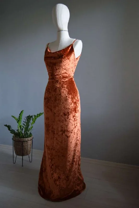 cowl-neck-straps-burnt-orange-velvet-long-bridesmaid-dress