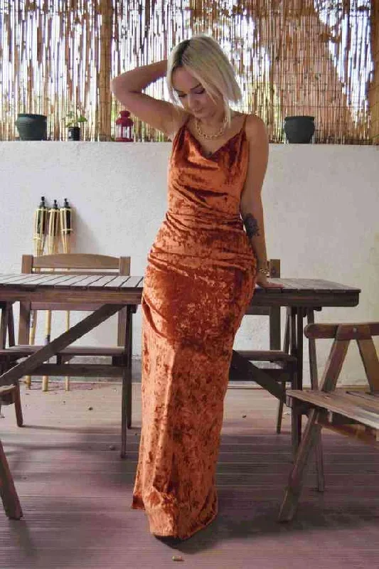 cowl-neck-straps-burnt-orange-velvet-long-bridesmaid-dress