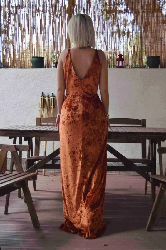 cowl-neck-straps-burnt-orange-velvet-long-bridesmaid-dress