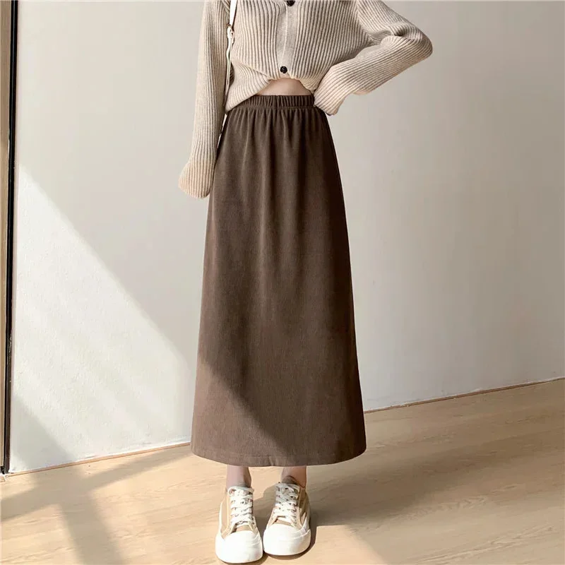 FashionSierra - New Autumn Winter Corduroy Long Womens Elastic High Waist A-line Straight Ladies Retro Casual Midi Skirt