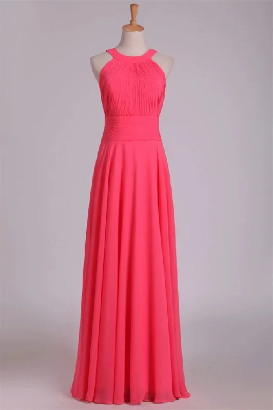 Crew Neck Watermelon Chiffon Long Bridesmaid Dress