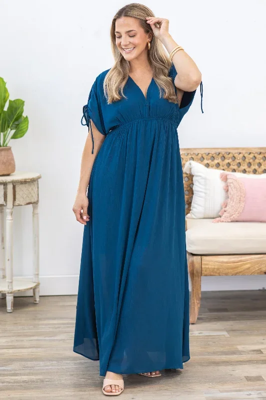 Dark Teal V-Neck Maxi Dress With Pockets