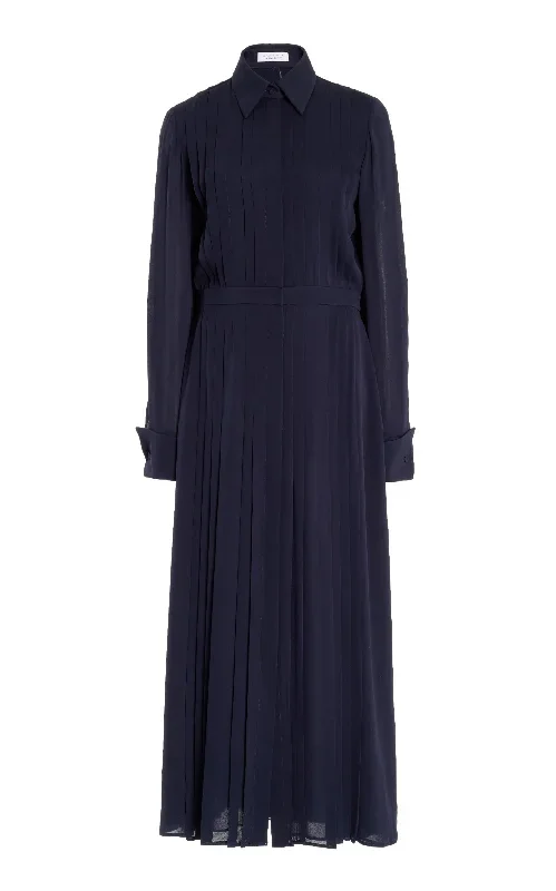 Delphine Corrugated Shirtdress in Dark Navy Silk Georgette Twill