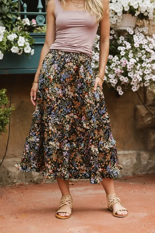 Dimitria Floral Midi Skirt in Black