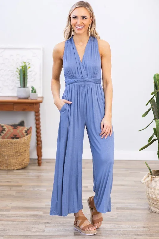 Dusty Blue Convertible Strap Wide Leg Jumpsuit