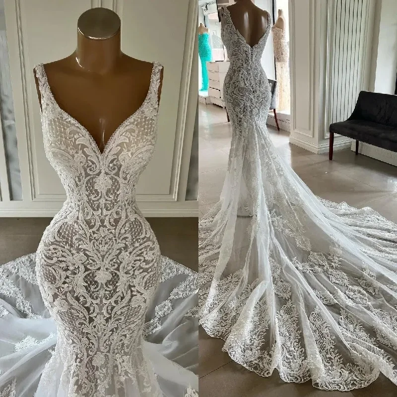 Elegant 2023 Full Lace Mermaid Wedding Dresses V Neck Lace Appliqued Boho Country Bridal Party Gowns Vestidos De Novia