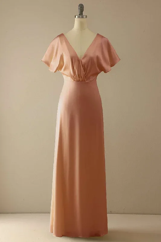 elegant-beige-v-neck-ruffled-bridesmaid-dress