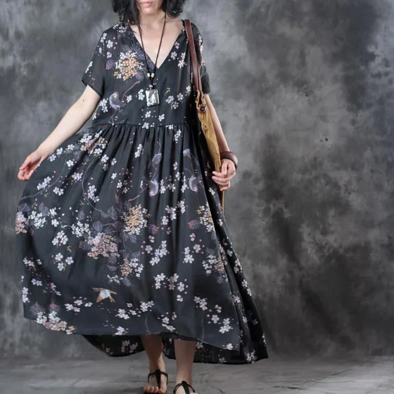 Elegant Black Chiffon Dress Oversized Floral Chiffon Clothing Dresses Vintage V Neck Caftans