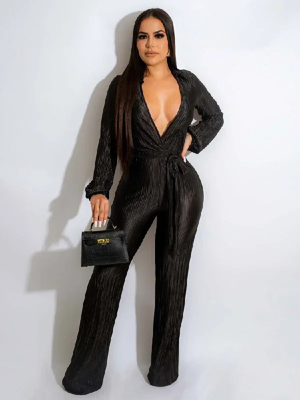 FashionSierra - Pleated Chic Deep V Neckline Long Sleeve Bodysuit