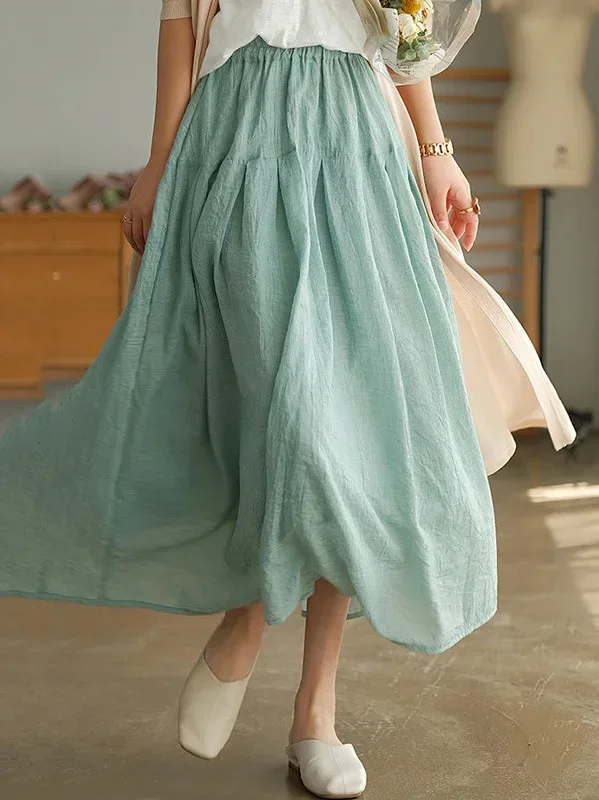 Elegant Ramie Cotton Solid Color Loose Skirt