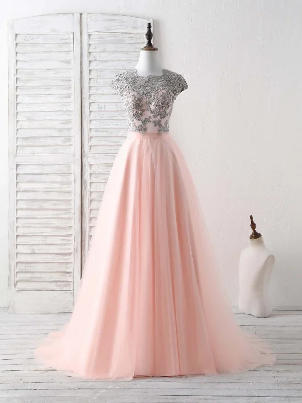 Elegant Tulle Lace Applique Long Prom Dress Tulle Evening Dress