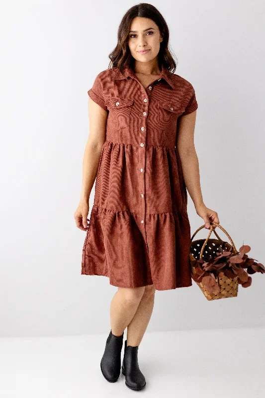 'Ember' Button Down Tiered Corduroy Dress in Brick FINAL SALE