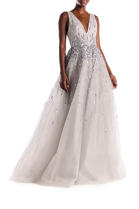 embroidered-v-neck-metallic-tulle-gown