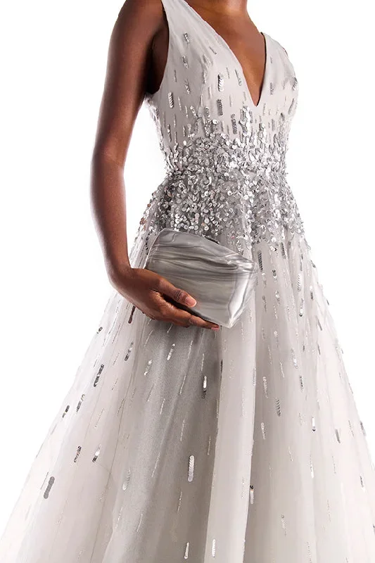 embroidered-v-neck-metallic-tulle-gown