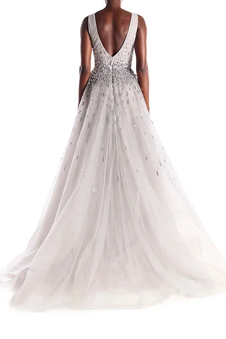 embroidered-v-neck-metallic-tulle-gown